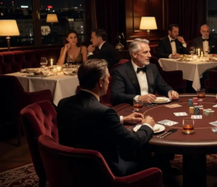 Premier póker lounge, burgundi székekkel és elegáns asztalokkal