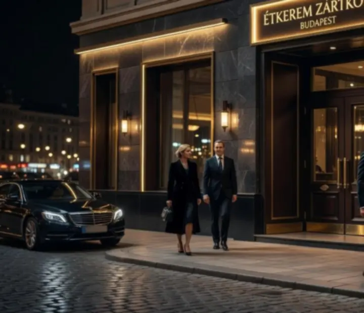 Az Expertguide Hhub bejárata este, meleg fényekkel és elegáns, sötét homlokzattal