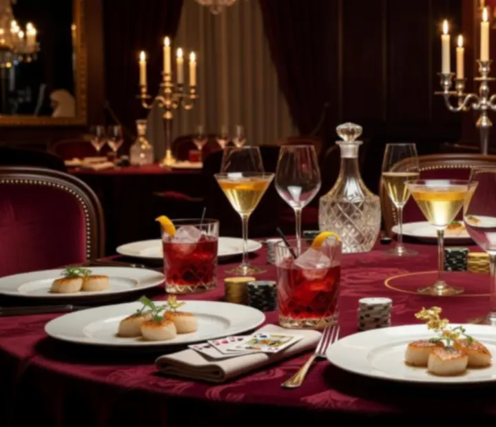 Gourmet fogások és koktélok elegáns esti tálalásban